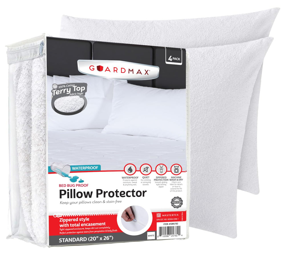 Guardmax Terry Cotton Pillow Protector with Zipper Standard Size - 2 Pack -100% Waterproof, Bed Bug Proof, Dust Mite Proof, & Hypoallergenic Pillow Covers - Premium Zippered Pillow Cases. (20 X 26)