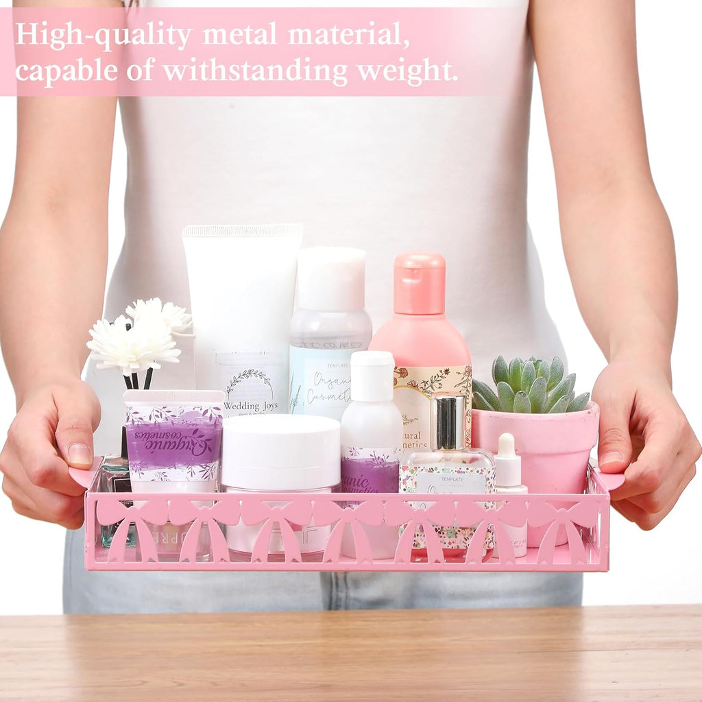 Skiennix Pink Bow Toilet Paper Basket - Cute Metal Holder with Handle for Bathroom Storage | Coquettish Decor
