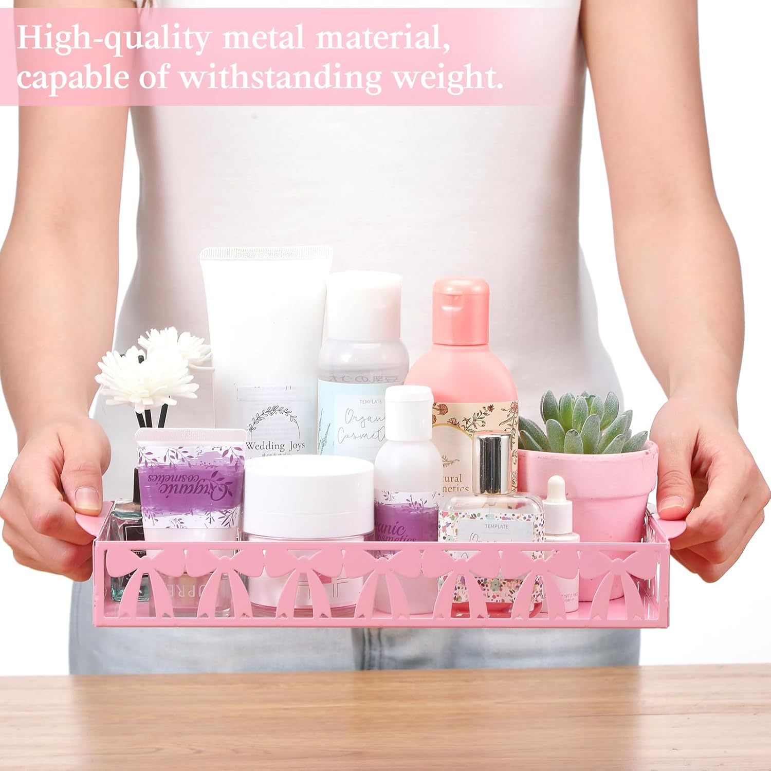 Skiennix Pink Bow Toilet Paper Basket - Cute Metal Holder with Handle for Bathroom Storage | Coquettish Decor
