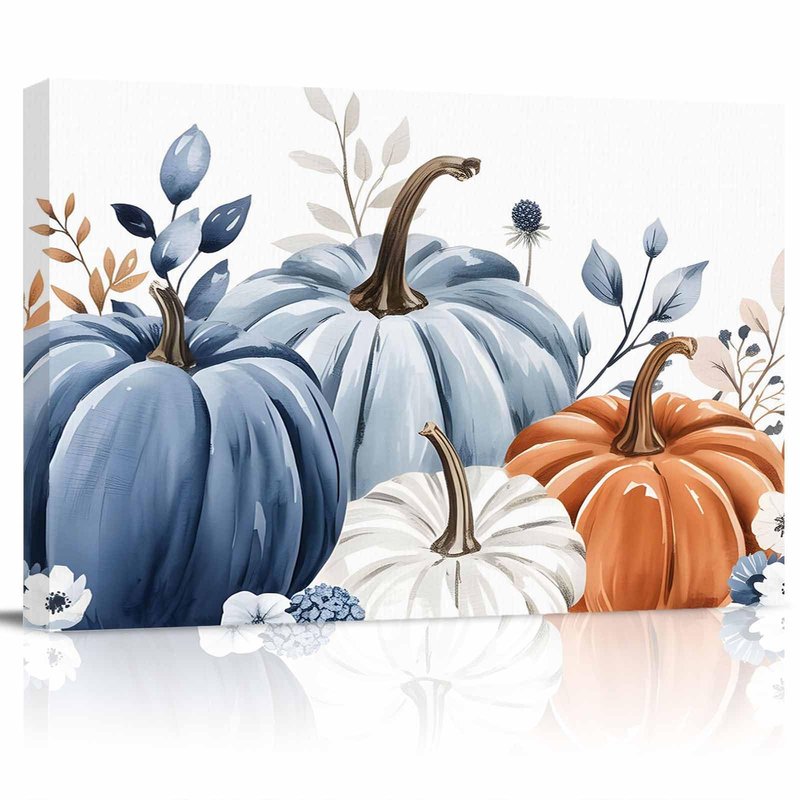 Fall Canvas Wall Art - Thanksgiving Blue Leaves Pumpkin White Background - Modern Wall Decor Gallery Canvas Wraps Giclee Print Stretched and Framed Ready to Hang - 20" x 24"