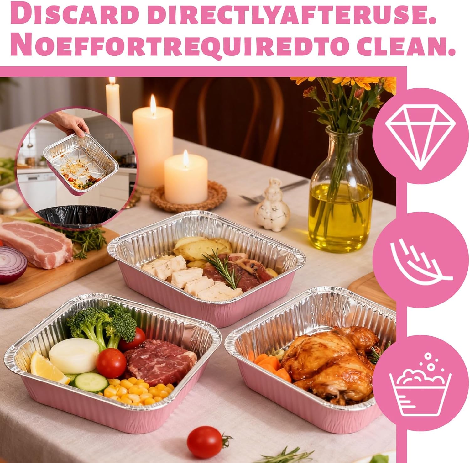 Pink Aluminum Baking Pans by [Brand Name] - 35 Pack 8x8 Inch Disposable Trays with Lids & Spoons for Parties