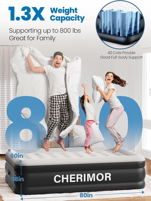 CHERIMOR Queen Air Mattress - 18" Raised Comfort with Built-In Pump | Leak-Proof Design, Supports 800 lbs