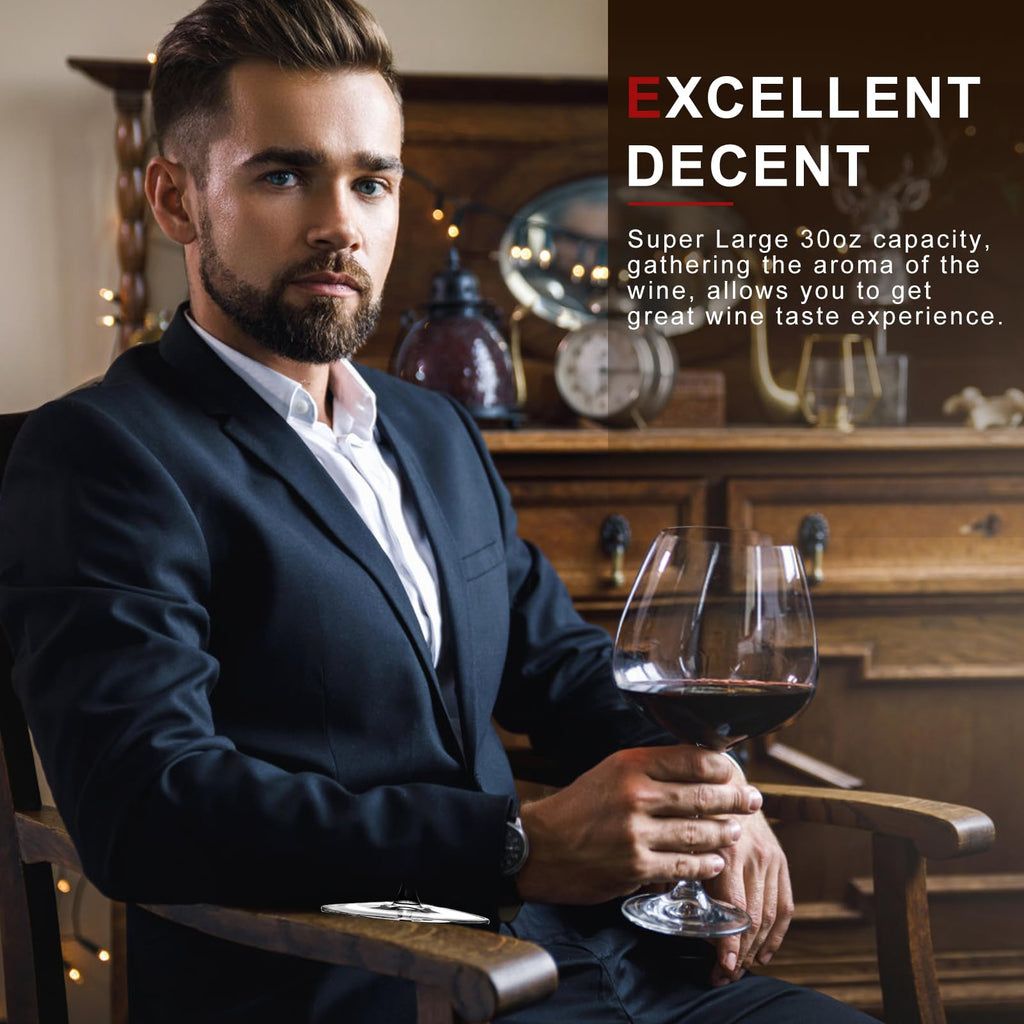 Super Large 30OZ Wine Glasses-Hand Blown Crystal Giant Wine Glasses, Big Burgundy Glasses Oversized, Red White Wine,Luxury, Elegant, Ideal Gift for Women,Men,Christmas,Anniversary,Birthday (Pack of 4)