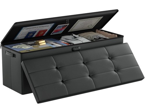DocSafe Storage Ottoman Bench,Fireproof＆Waterproof Folding Bench with Lock(15”x 43”x15”),Leather Storage Chest with Handles＆2 Extra Boxes,Ottoman Safe for Bedroom,Living Room,Home Office,Black