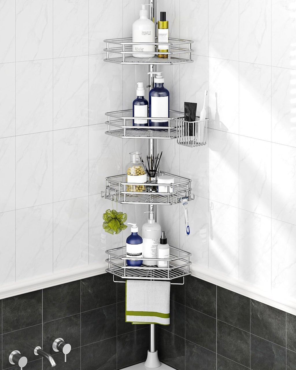 SEIRIONE Corner Shower Caddy - Rust-Free Tension Pole Organizer | 4-Tier Adjustable Shelf, Fits 34-116 Inch Height, Quick Setup, Silver