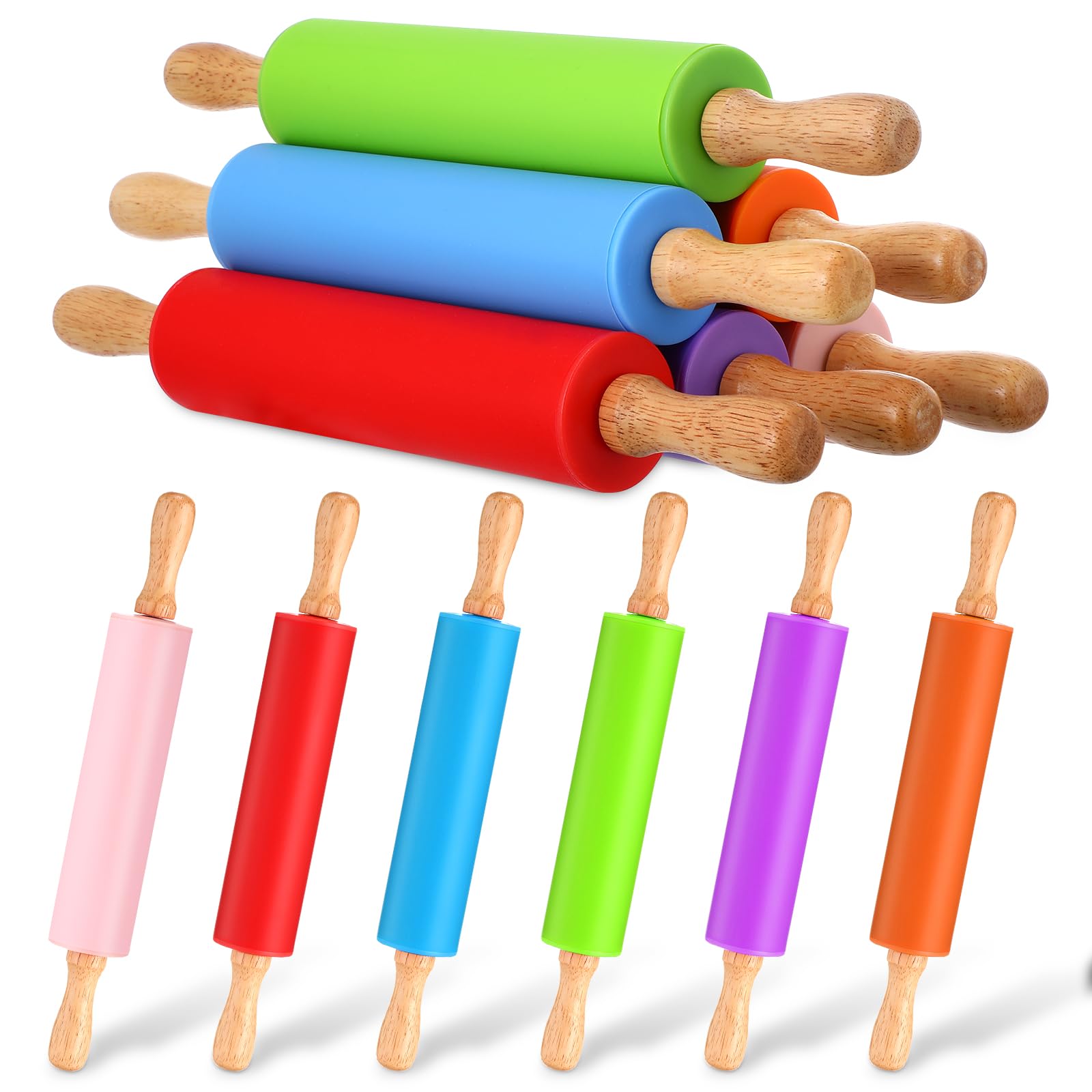 Dandat 6 Pcs Small Rolling Pin Kids 12 Inch Mini Silicone Rolling Pin for Baking Non Stick Kids Dough Roller with Wooden Handle for Kitchen Cookie Pastry Fondant Cake 6 Colors
