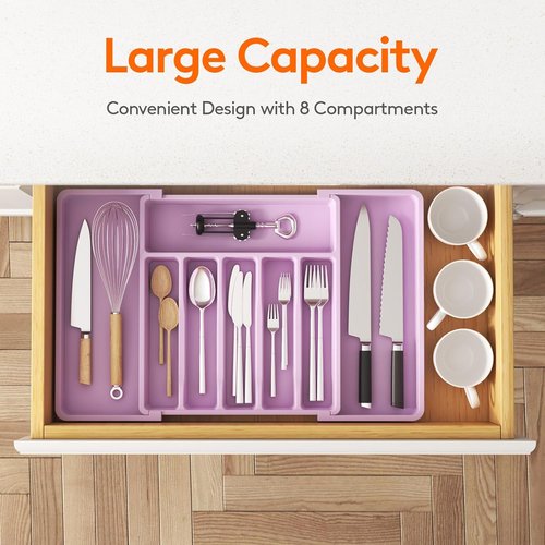 Lifewit Expandable Silverware Drawer Organizer - BPA-Free Utensil Tray for Kitchen | Adjustable Storage 13-22 x 15" - Purple