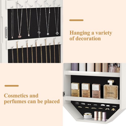 VECELO LED Jewelry Cabinet, Wall/Door-Mounted Jewelry Organizer with Frameless Lighted Mirror, Storage Hanging Cabinet, USB Port, 22.4 * 14.6 * 3.9 in, White