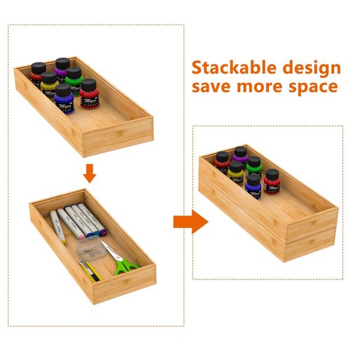 Drawer Organizer Storage Box Kitchen - Wood Stackable Tray Utensil Organizer for Office Drawers,Cabinets,Shelves,Pantry,or Bathroom Counter,Drawer Dividers for Silverware Set of 2（15x6x2.5inch）