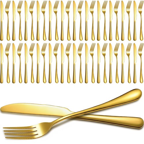 Nuenen 50 Pieces Stainless Steel Forks Silverware Set Dinner Forks and Knives Flatware Tableware Cutlery Set for Kitchen Restaurant(8.07 x 0.94 Inch, 9.06 x 0.79 Inch,Gold)