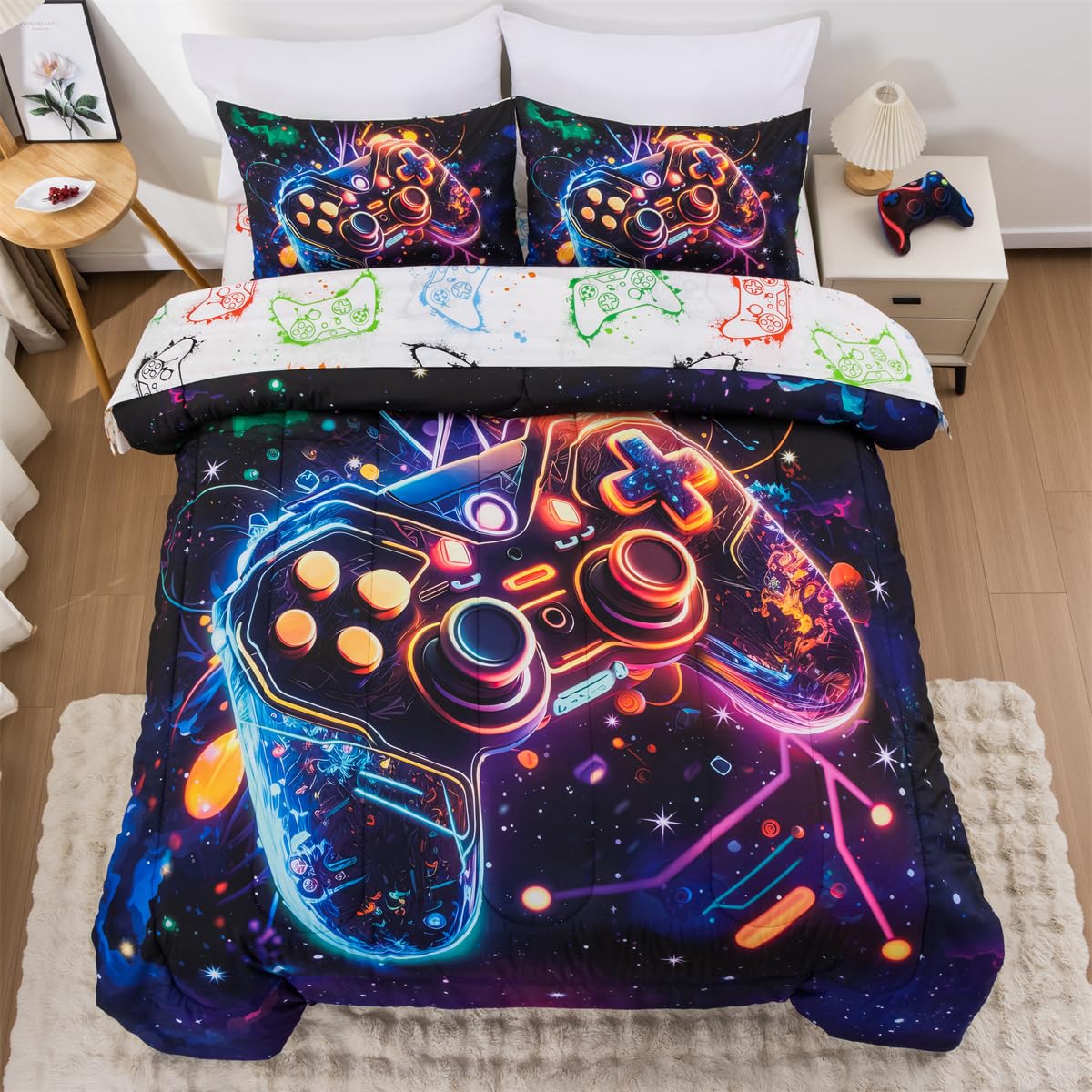 NTBED Game Console Comforter Set for Boys Girls Kids Space Galaxy Gaming 5 Pieces Bed in a Bag Lightweight Microfiber Gamer Bedding Comforter with Sheet,Twin 5pcs