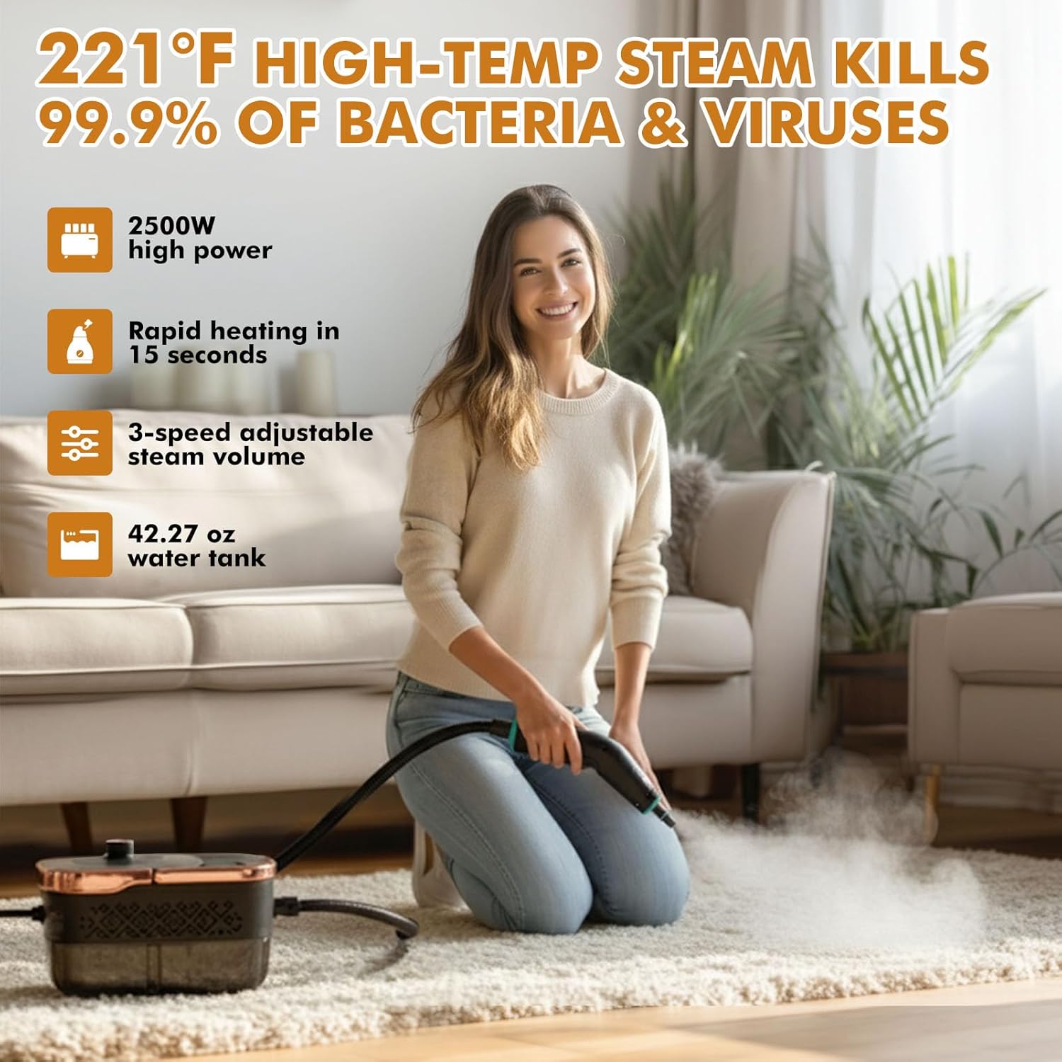 Skiennix Handheld Steam Cleaner - 15s Fast Heat-Up, 42.27oz Tank, 2500W Power | 15 Accessories Included