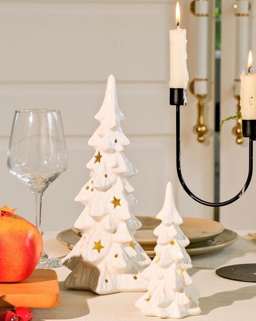 DN DECONATION White Ceramic Christmas Trees - 2Pcs Prelit Tabletop Xmas Tree Figurines with Lights & Cutouts for Neutral Holiday Decor