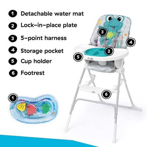 Baby Einstein Ocean Explorers High Chair - Compact Folding Design with Water Mat & 5-Point Harness, Ages 6+ Months