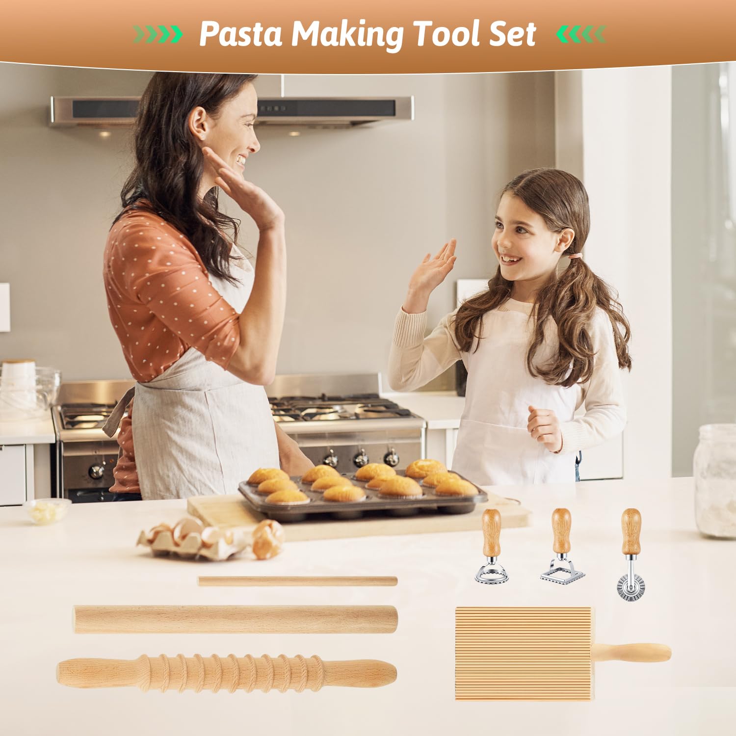 Mlesi 7 Pcs Pasta Making Tools, Wooden pasta kit with Rolling Pin, pasta cutter, Gnocchi Board, Ravioli Stamp, Homemade Noodle Dumpling Pasta Making Accessories