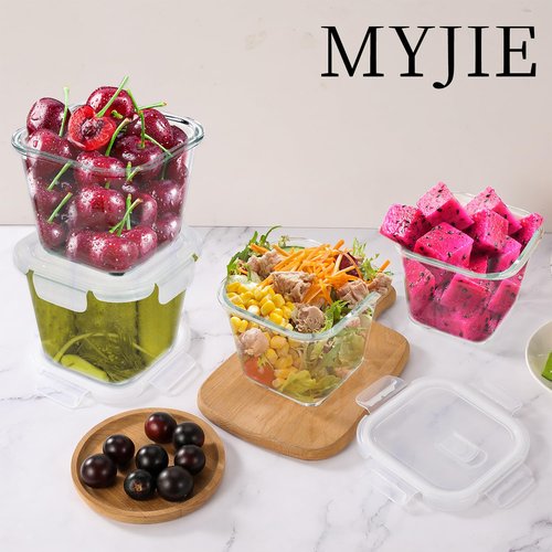 MYJIE [6 Pack] Glass Soup Containers with Lids - 4 Cup 32 Oz Glass Storage Containers with Lids,Meal Prep Containers Reusable with Airtight Lid,Square Food Storage Salad Container for Lunch