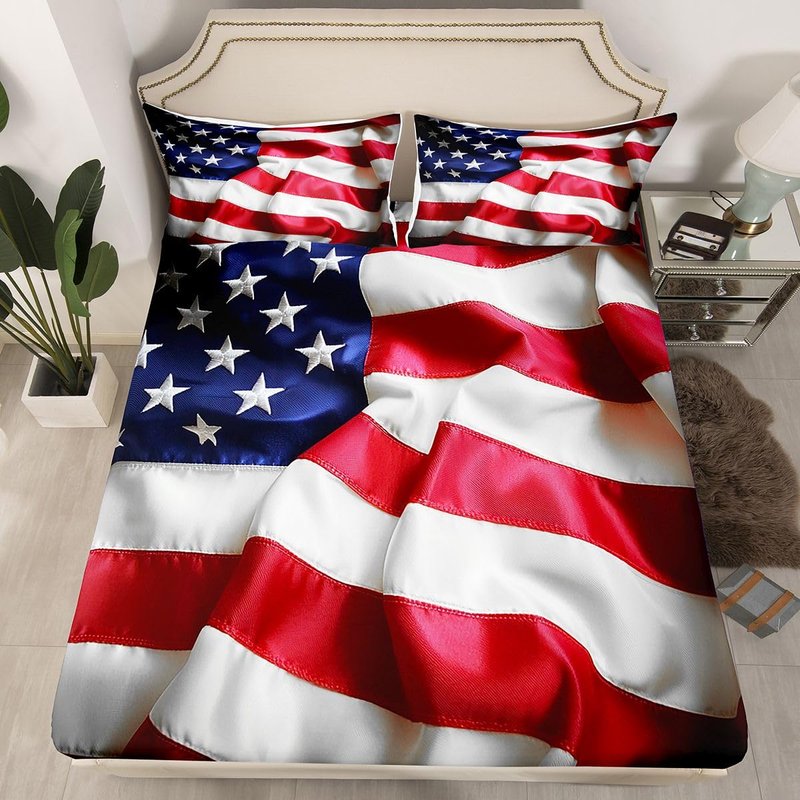United States Fitted Sheet American Flag Blue Red Printing Bedding Set for Kids Teens Adult USA Federations Stars Stripe Fitted Bed Sheet Queen Size 1 Fitted Sheet with 2 Pillow Cases(No Top Sheet)