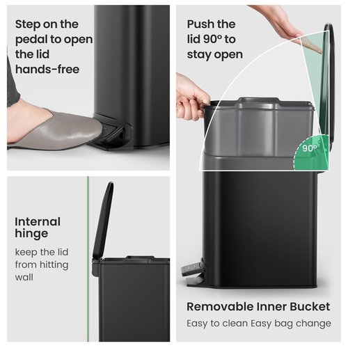 Cesun Small Bathroom Trash Can - Soft Close Lid & Step Pedal, 6L Stainless Steel | Anti-Fingerprint Matt Black