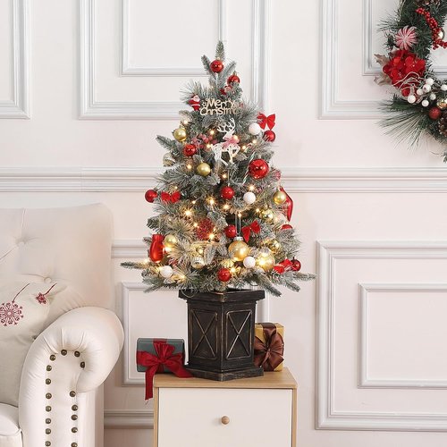 3ft Small Christmas Tree Pre-Lit Artificial Christmas Tree with 78 Led Lights, Snow Flocked Xmas Tree with X Brown Base, Timer Function, Battery Operated, for Home Christmas Decor