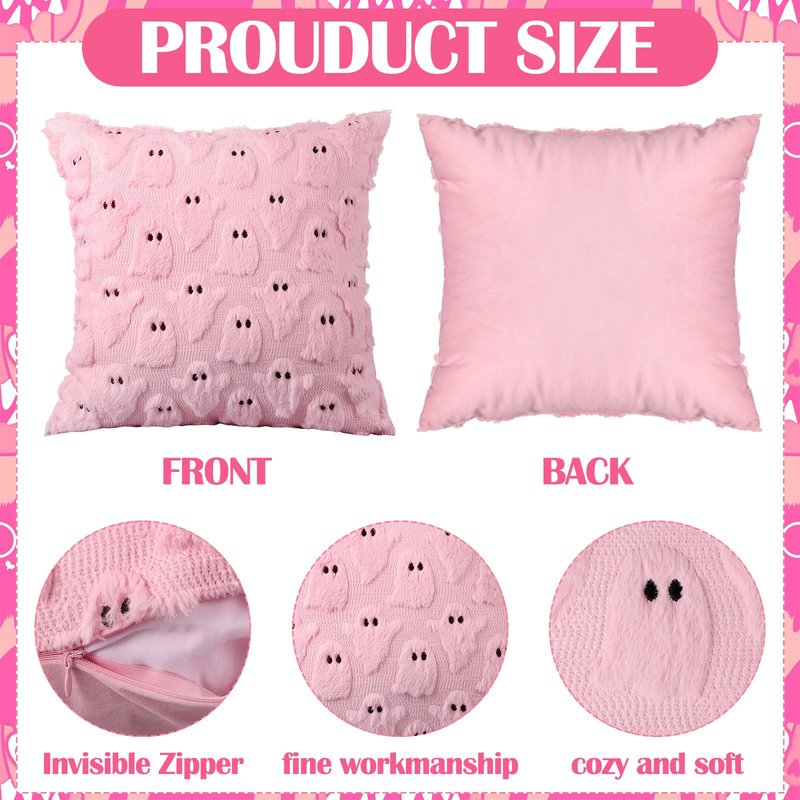 FuWeave 2 Pcs Pink Ghost Halloween Throw Pillows Cover 18 x 18 Cute Ghost Throw Pillowcase Embroidery Plush Furry Spooky Decorative Cushion Cover Pastel Pink Halloween Decoration for Home Sofa Bedroom