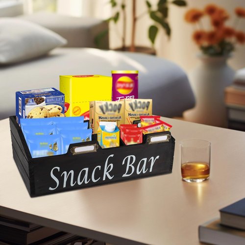 Xbopetda 6 Compartment Wooden Snack Organizer, Black Painted Pine Wood, Countertop Snack Bar Station, Pantry Organizer and Storage
