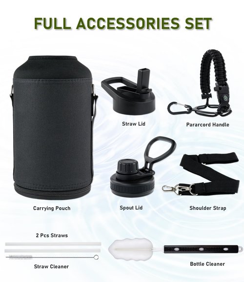 honogo 64 oz Insulated Water Bottle with Straw lid & Spout lid, Stainless Steel Half Gallon Water Flask Jug with Paracord Handle & Carrier bag, Big Vacuum Thermo Canteen, Cold for 48 Hrs