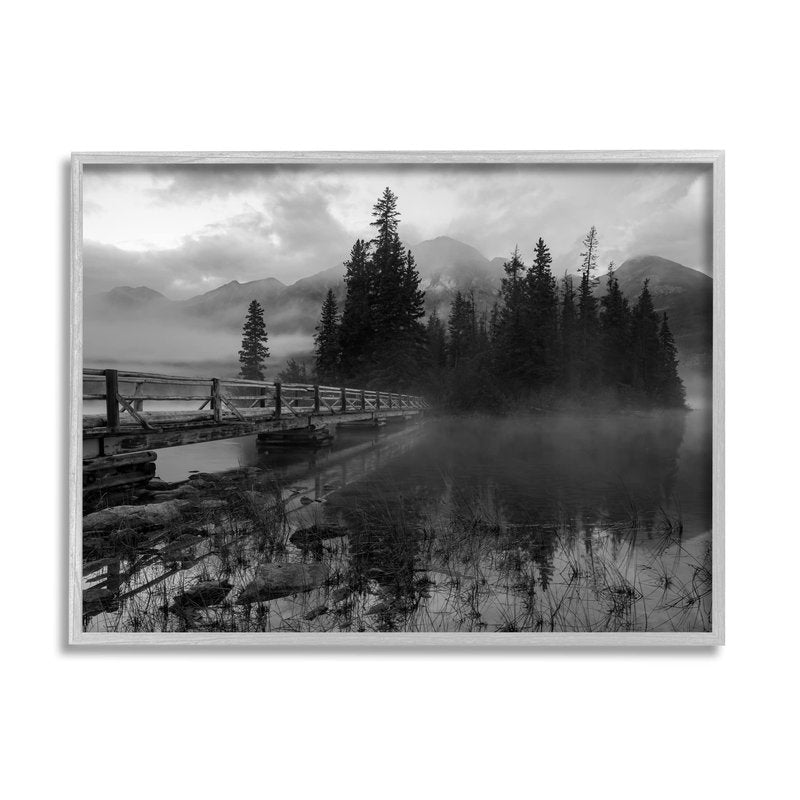 Stupell Industries Black & White Cloudy Scenery Lake Bridge Foggy Mountains, Design by Daniel Sproul
