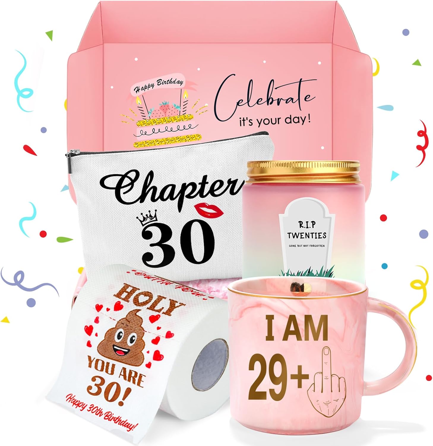 Regine Switzerland 30th Birthday Gift Set - Fun Coffee Mug, Makeup Bag & Candle for Women
