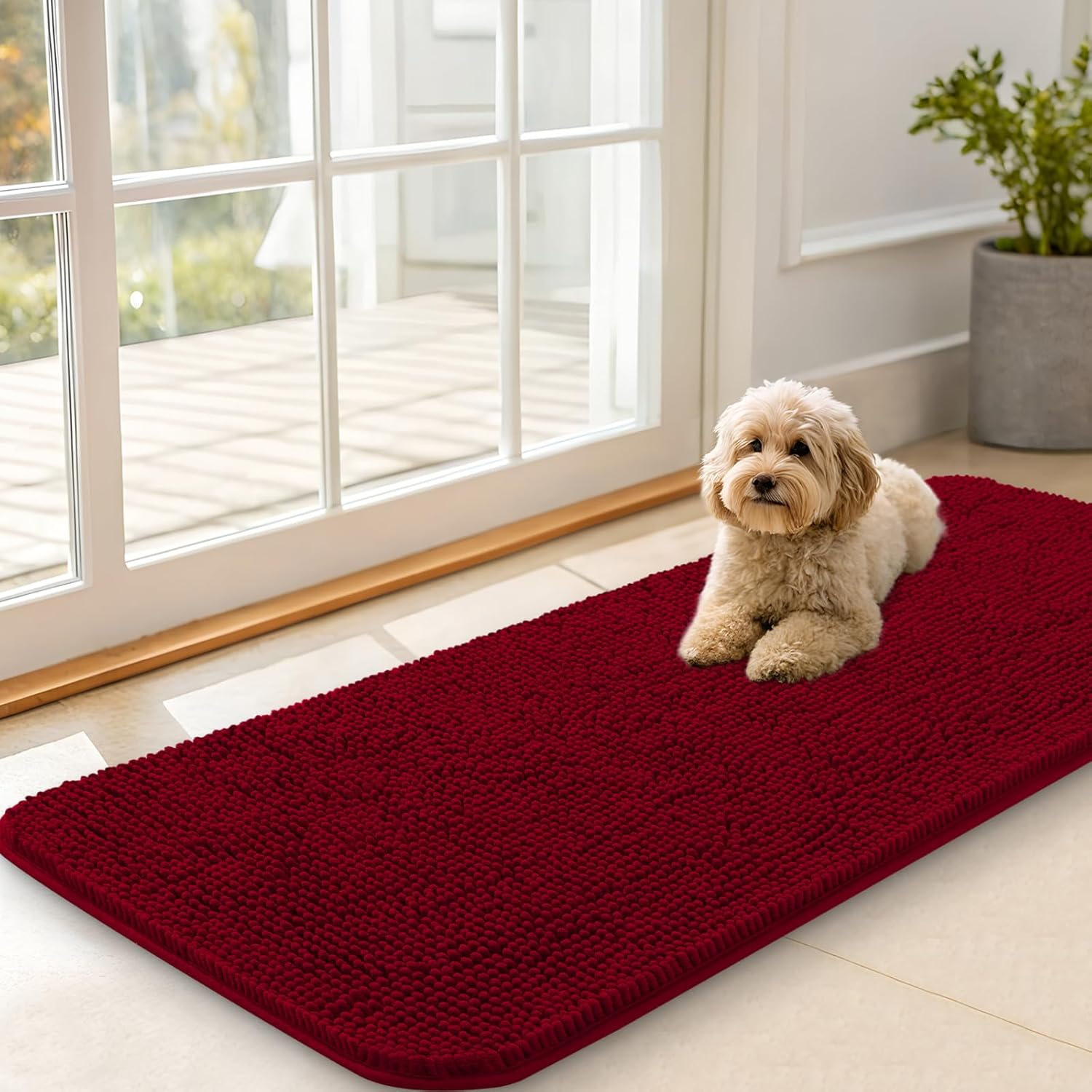 OLANLY Dog Door Mat - Absorbent Non-Slip Washable Chenille Mat for Muddy Paws | 47x20 Red