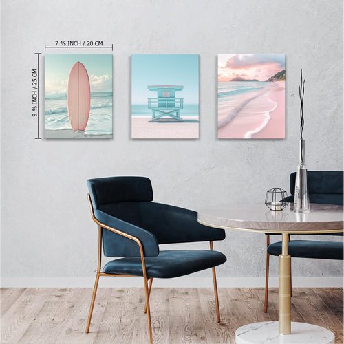 Pink Beach Scene Wall Art Surfboard 6 Piece Beachy Coastal Scene Prints, Tropical Relaxing Days Summer Print Canvas Artworks For Bedroom Girls Room Décor - Ready to Hang - Framed, Set of 6, 8x10Inch