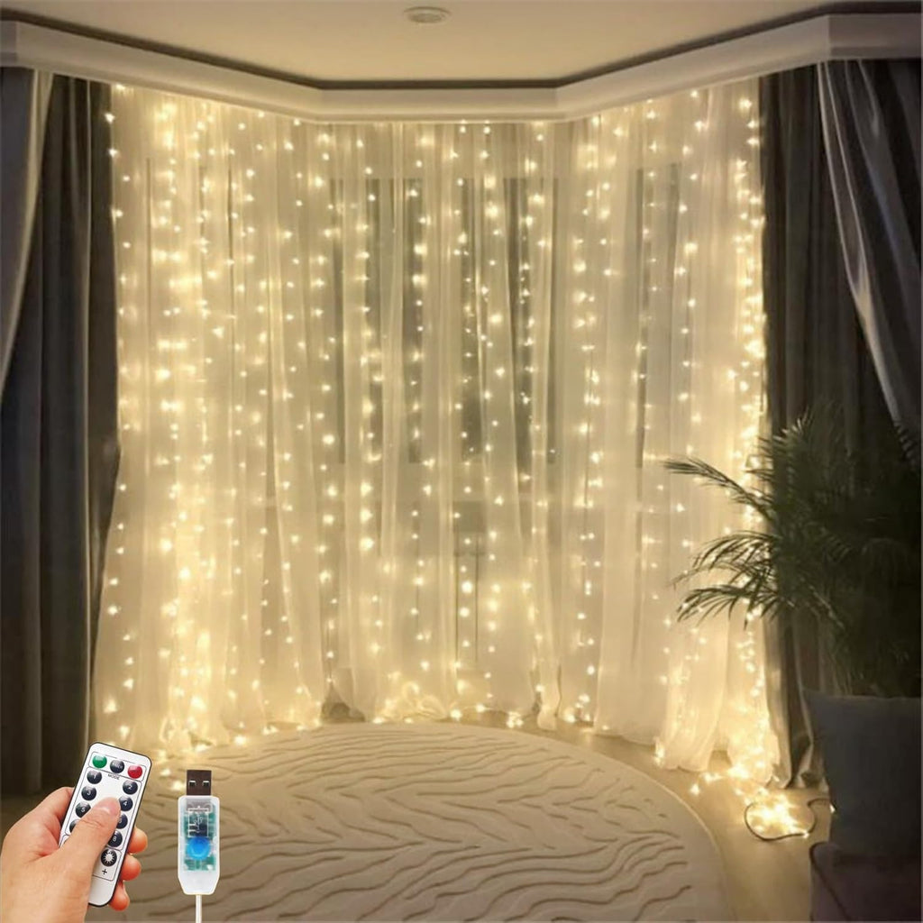 Skiennix 300 LED Fairy Curtain Lights - 9.8 x 9.8FT Warm White USB with Remote | 8 Modes for Christmas & Events