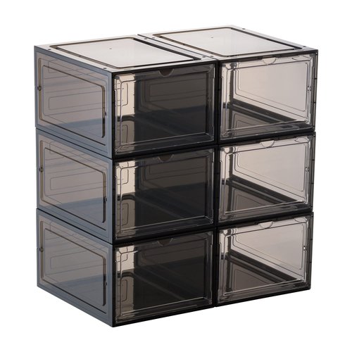 Evron Sturdy Shoe Storage Boxes Organizer Box, Fit Closet Organizers Case, Easy Snap-on Assembly Shoe Boxes Clear Plastic Stackable Rack Containers Drawers for Display Sneaker (Black, 6 Pack)