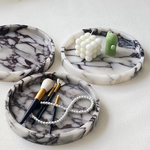 StonePlus Natural Marble Vanity Tray, Perfume Jewelry Tray, Round Ottoman Tray for Drinks, Coffee Table, Home Decorative (Calacatta Violet Purple, 9.84Dx1.18H)