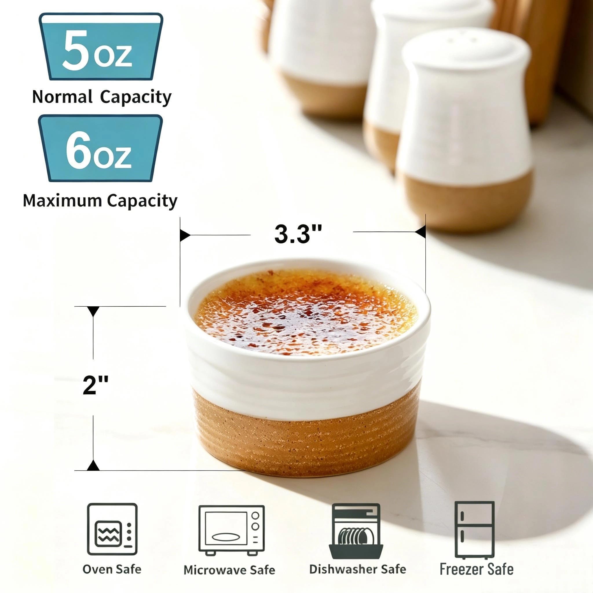 Hasense Ramekins, 6 oz Stoneware Ramekin Oven Safe Set of 6, Mini Ramekins Bowls for Dipping, Brulee, Custard, Farmhouse White Wedding Gift