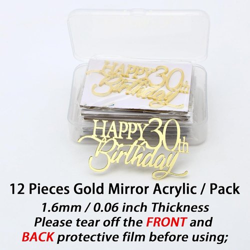 Happy Birthday Gold Mirror Acrylic Cupcake Toppers - 12 Pieces for 21st to 70th Celebrations