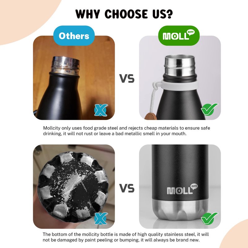 Mollcity 9 oz Water Bottle for Kids-Stainless Steel Vacuum Insulated Sports Flask Leak Proof Small Water Bottles for School (Silver)
