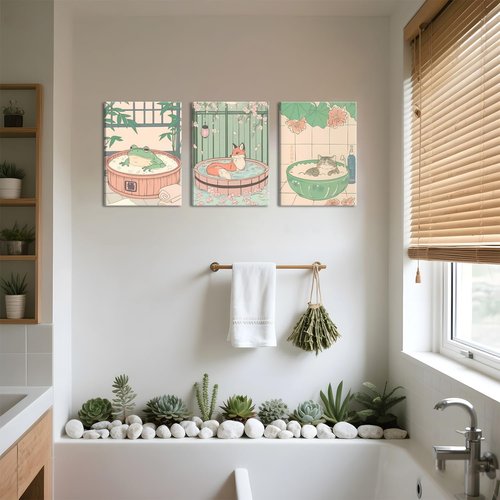 Framed Japanese Wall Art Set by [Brand Name] - Cute Tabby Cat, Fox & Frog Bathroom Decor | 12x16 Inch Canvas Prints