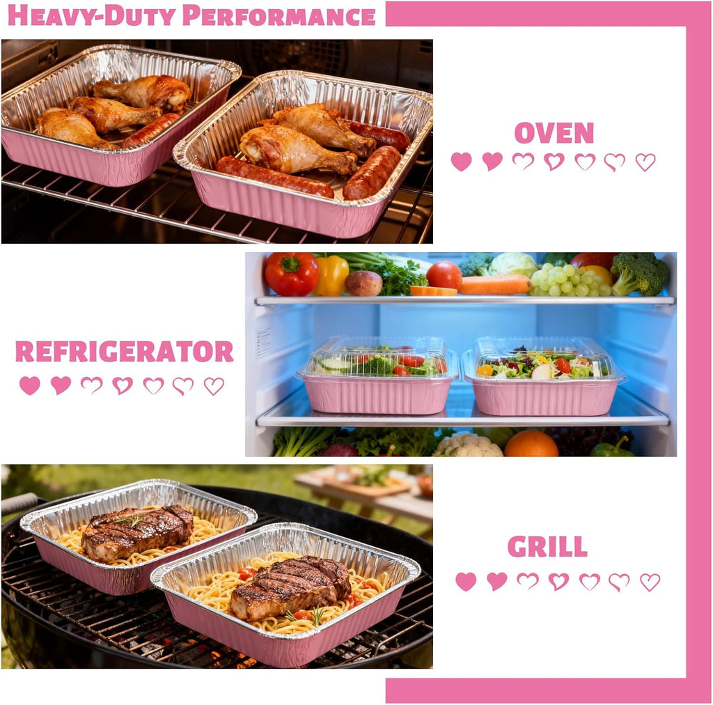 Pink Aluminum Baking Pans by [Brand Name] - 35 Pack 8x8 Inch Disposable Trays with Lids & Spoons for Parties