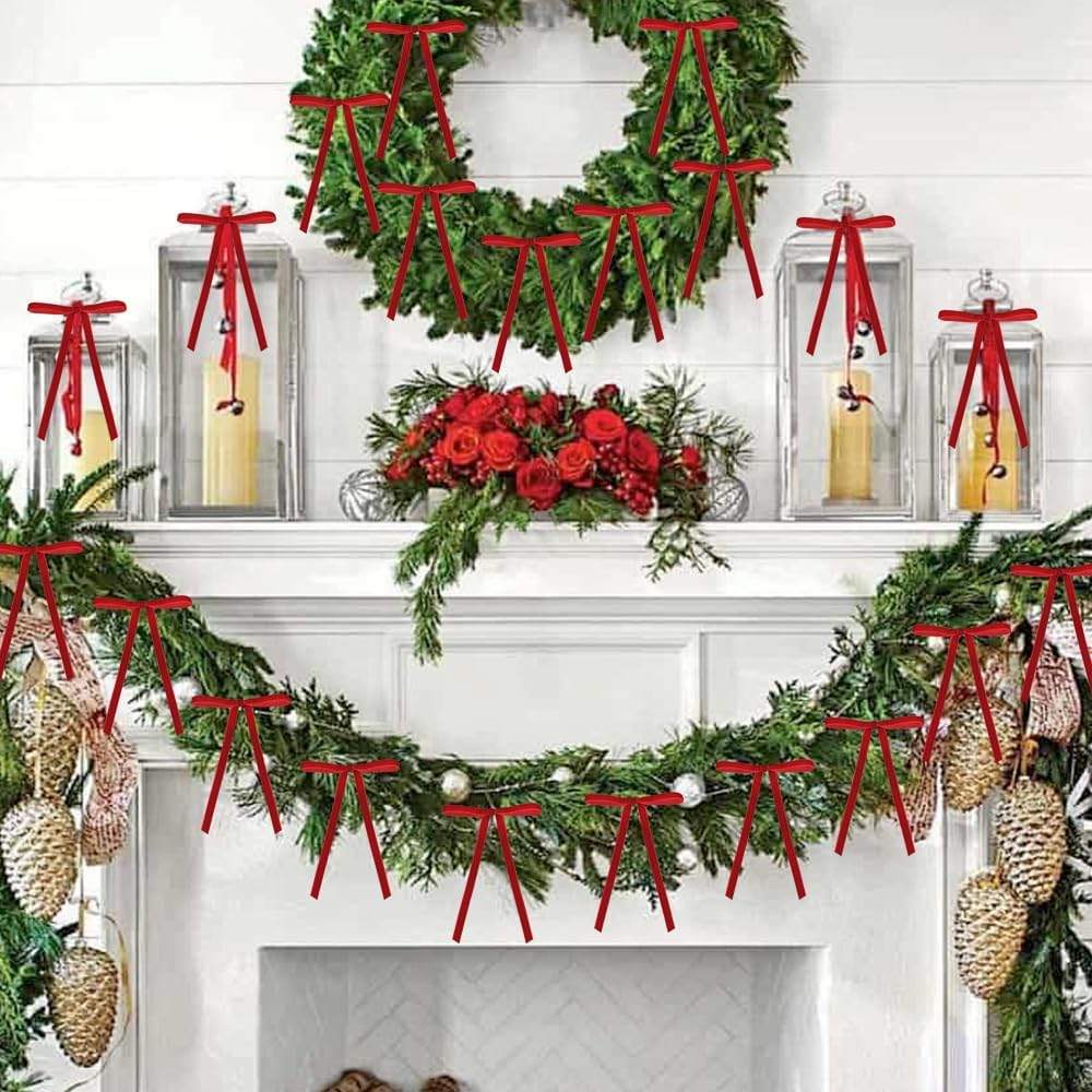 Quimoy Velvet Christmas Bows - 24 Pcs Red Ribbon Ornaments for Tree, Wreath & Garland | 5x7 Inch