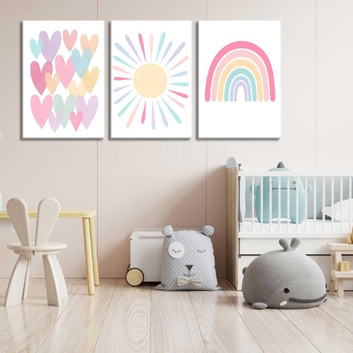3Pcs Framed Pink Nursery Canvas Wall Art Rainbow Poster Kids Bedroom Baby Girls Toddler Pastel Wall Decor Prints Sun Boho Pink Sunshine Painting for Classroom School Nursery Decoration 16x24in