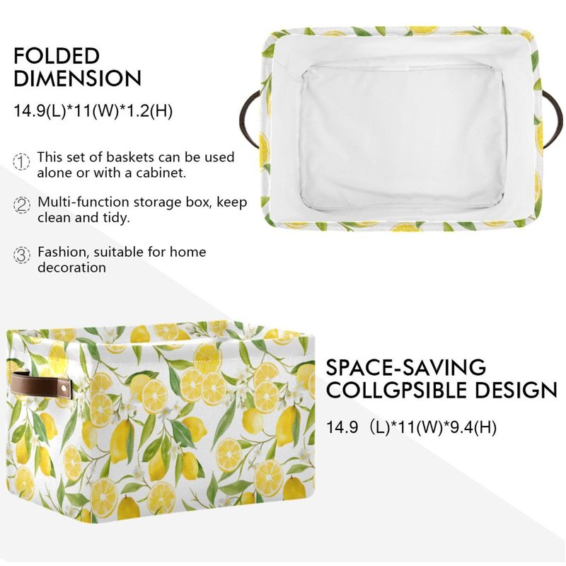 MNSRUU Storage Basket Lemon Floral Collapsible Organizer Basket with PU Handles, Waterproof Nursery Laundry Basket Large Capacity