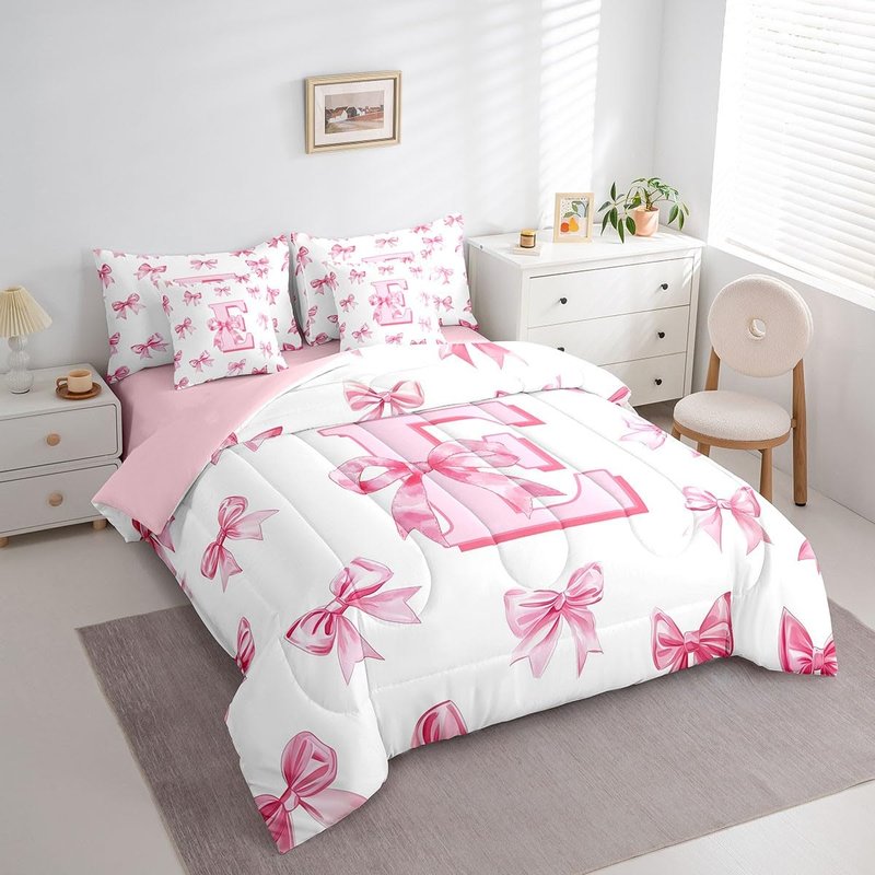 Erosebridal Dreamy Princess Bowknot Girls Bedding Set Kids Pink Initial Letter E Bed in A Bag with Sheets Cute Kawaii Letter Bow Twin Comforter Set 7 Piece Romantic Chic Bowknot Bed Set Room Decor