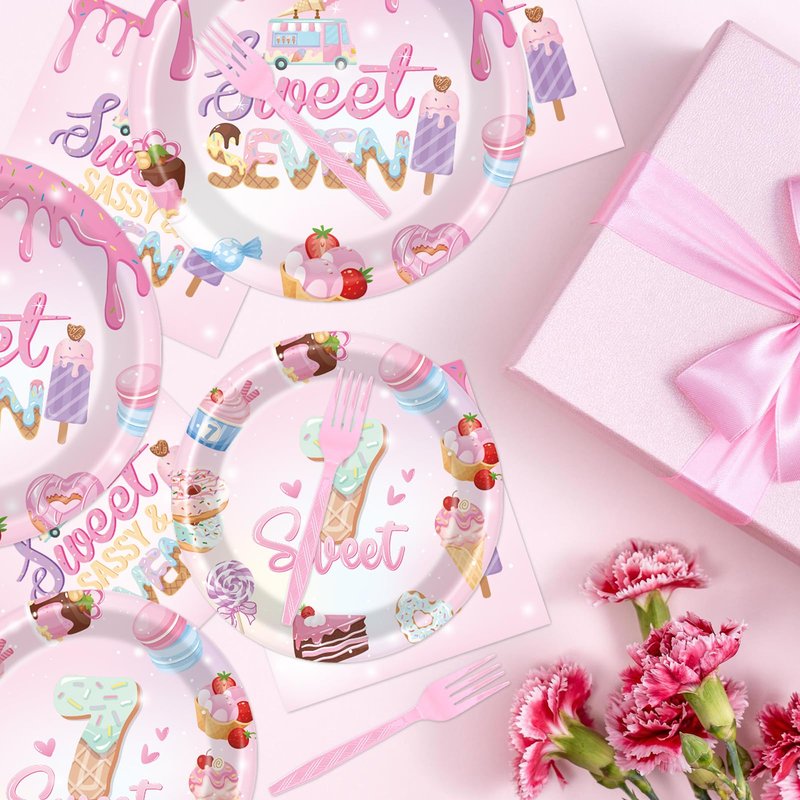 Sweet Sassy and Seven Birthday Decorations Tableware - 7th Birthday Decoration for Girls Disposable Paper Plates and Napkins Decor 7 Years Old Girl Forks Supplies Serve 24