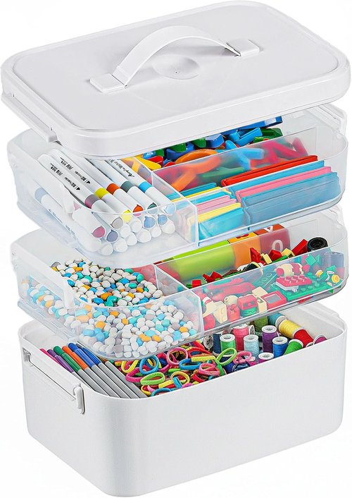 Craft Organizer by 3-Layer | Plastic Storage Box with Removable Trays & Lids | 10.62” x 9” x 7.67”