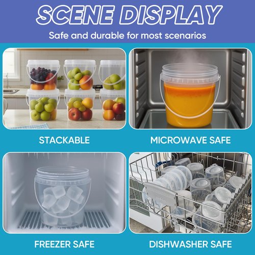 UMETASS 4Pack 34oz Clear Bucket with Lids - Plastic Food Storage Containers, Airtight Screw-On Lids - Freezer Safe Ice Cream Bucekts, Food Grade Reusable Containers for Kitchen