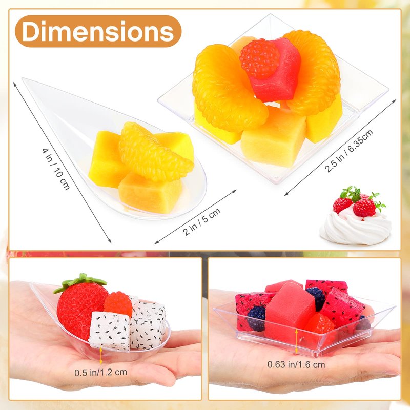 Rozer 200 Pcs Mini Appetizer Plates and Tear Drop Spoons for Weddings Party 2.5 x 2.5 Inches 4 x 2 Inches Plastic Mini Dessert Plates Disposable Appetizer Spoons (Transparent)