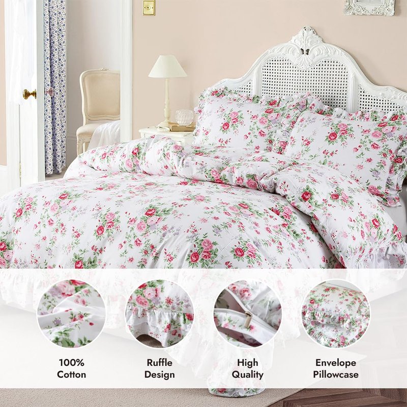 ZJZC Art Ruffle Duvet Cover Set Queen, 100% Cotton Pink Rose Floral Duvet Cover Cottage French Countryside Vintage Shabby and Chic 3 Pieces with Pillow Shams (Rose,Full)