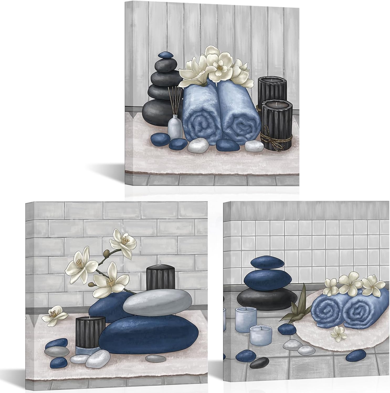 RnnJoile Spa Canvas Wall Art - Zen Stone Orchid Still Life Painting | Framed 12"x12" for Bathroom Decor