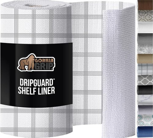 GORILLA GRIP DripGuard Shelf Liner, Non-Adhesive Drawer and Kitchen Cabinet Protector, 24x240 In, Strong Grip Slip Resistant Underside, Smooth Surface Liners for Cabinets, Bathroom Closets, Gray White