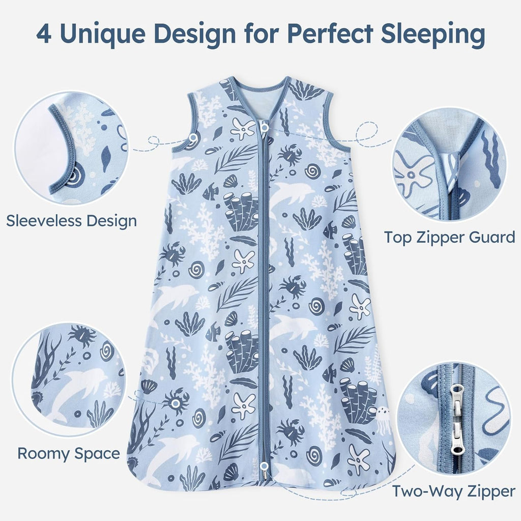 Unnivoll Baby Sleep Sack - 100% Cotton Lightweight 0.5 TOG Wearable Blanket | 0-6 Months, Blue Dolphin
